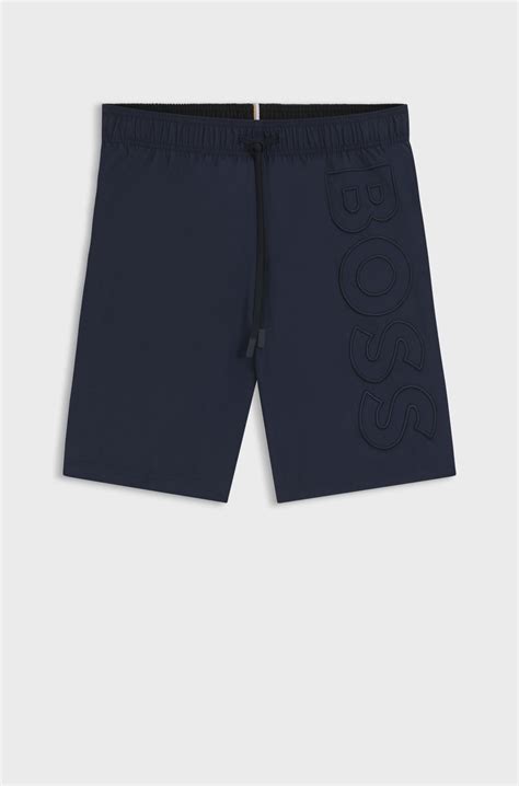 BOSS - Fully lined swim shorts with 3D logo embroidery - Dark Blue