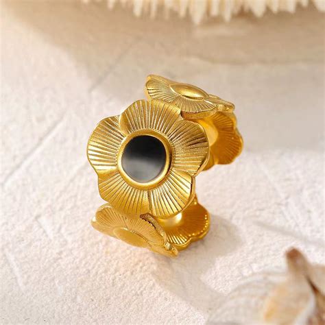 SJ 894 Black Floral Ring Adjustable - 18k Gold PVD plated stainless st ...