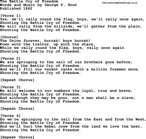 World War One(WW1)Era Song Lyrics for: The Battle Cry Of Freedom