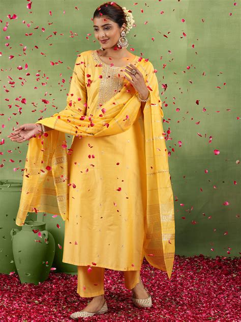 Buy Yellow Embroidered Silk Blend Straight Suit With Dupatta Online at ...