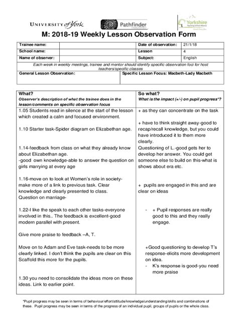 Fillable Online M: 2018-19 Weekly Lesson Observation Form Fax Email ...