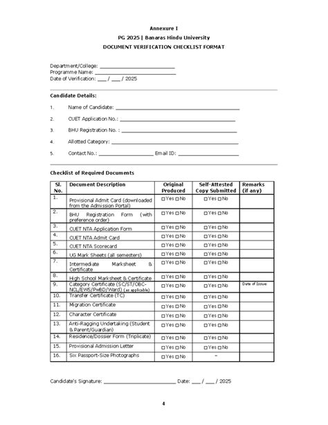BHU PG 2025 Document Verification Checklist & Affidavit Format - Studocu