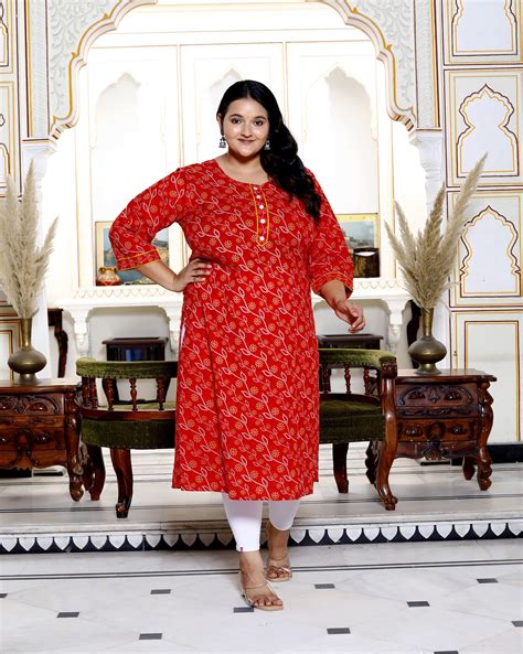 Plus Size Red Cotton Blend Bandhani Print Straight Kurta - Swasti Clothing