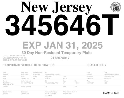 New Jersey 30-Day Temporary Tag - Licensed Dealer Issued