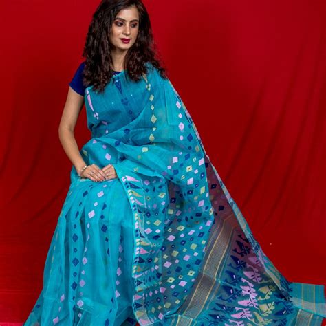 Tant Cotton Jamdani Woven Saree - Blue – Phulari