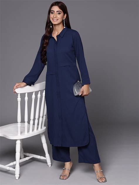 Varanga Women Navy Blue Shirt Collar Straight Kurta Paired With Tonal ...
