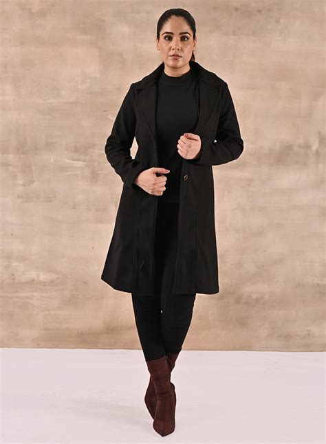 Black Long Trench Coat with Paneled Font and Button Detail-22WLWC0371-6 ...