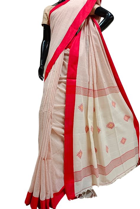 Off-White Soft Handloom Cotton Saree With Red Border – Balaram Saha