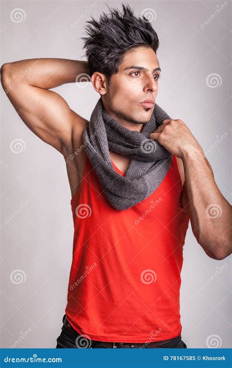 Fashion Model With Scarf Is Posing Stock Image - Image of gray ...