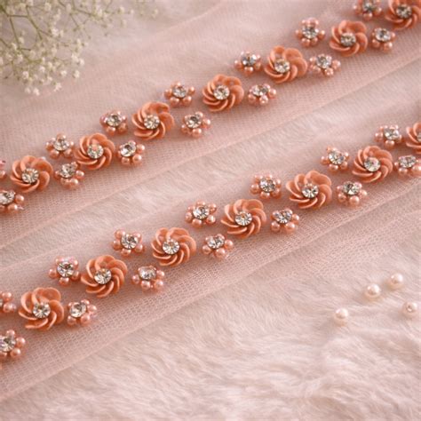 Peach Floral Pearl & Crystal Hand Embellished Lace – Our Knots