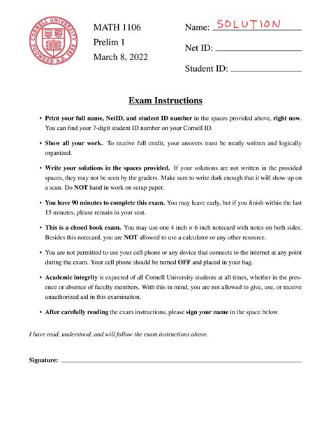Prelim 1Solutions - MATH 1106 Prelim 1 March 8, 2022 Name: Net ID ...