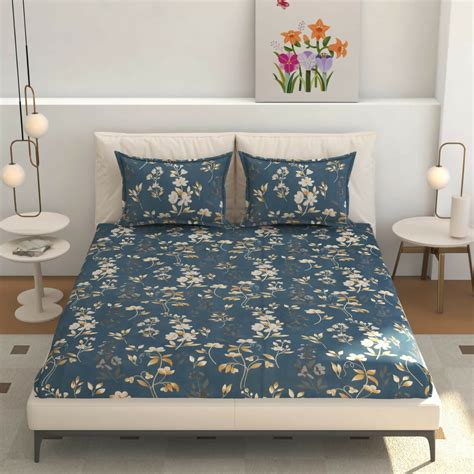Aaho Decorlish Teal Blue & White Floral Print Double Bedsheet with 2 P ...