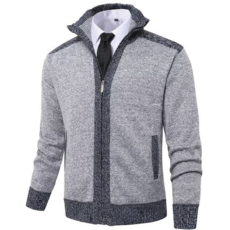 Vcansion Men's Cardigan Sweater, Zip Up Stand Collar, Light Grey ...