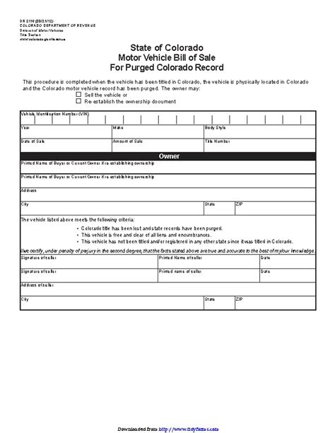 Colorado Vehicle Bill Of Sale For Purged Record - PDFSimpli