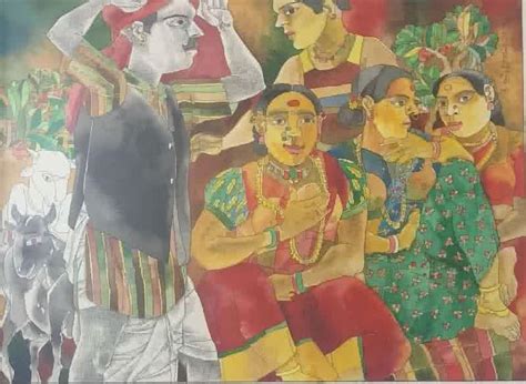 "Village Scene 2": Yellow Mixed Media Painting by Laxma Goud | ArtZolo.com