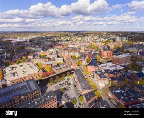 Lowell historic downtown, Canal, Marrimack River and historic Mills ...