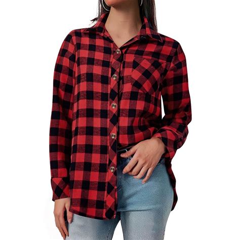 Delliss Women's Fashion Button Top Long Sleeve Lapel Plaid Shirt Red M ...