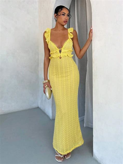 SHEIN BAE Sexy Hollow Out Crochet Textured Ruffled Cap Sleeve Open Back ...