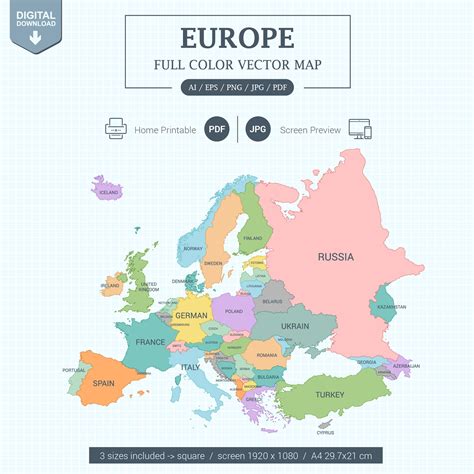 Digital Europe Map Full Color With States Printable Poster Large Size and A4 PDF. Screen View ...