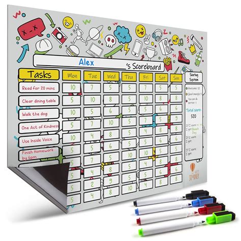 Weekly Chore Chart for Kids Tweens and Teens - 1 Board with 4 Markers ...