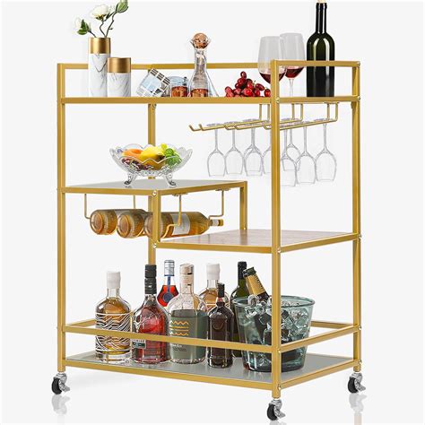 Everly Quinn Gold Bar Carts With 4 Tier Shelves Rolling Serving Bar ...