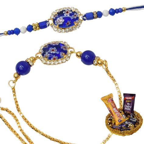Meira Jewellery Resin Stone Floral Blue Bhaiya Bhabhi Rakhi Seti with ...