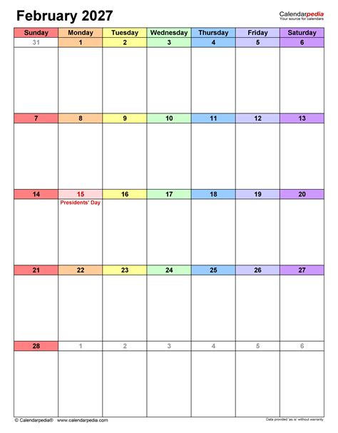 February 2027 Calendar | Templates for PDF, Excel and Word