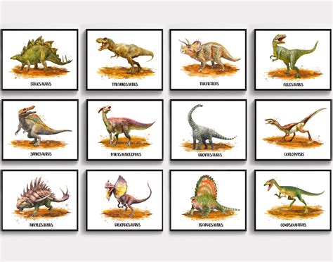 12 tipos de dinosaurios nombres firmados arte acuarela dibujo T-Rex ...