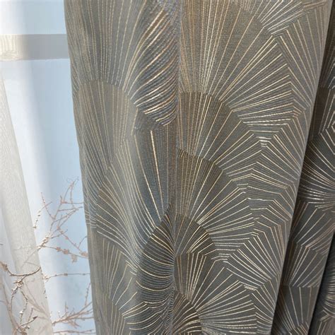 Ginkgo Leaves Art Deco Geometric Blue Gray Curtain with Gold Stripes