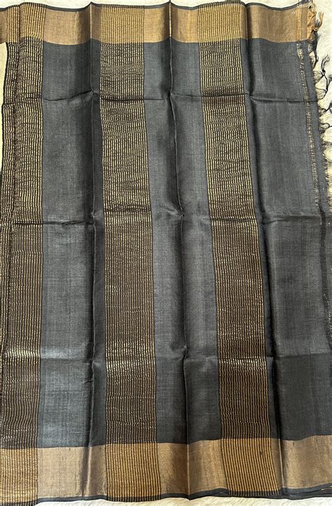Tussar Silk Saree Cream Color | Black Color Gold Zari Border ...