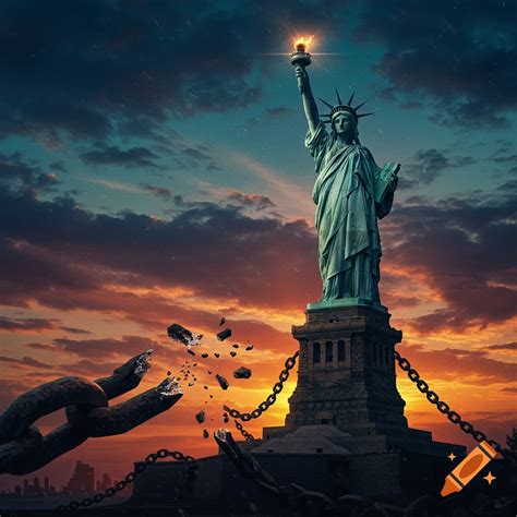 Statue of Liberty stands chained but breaking free, with heavy chains ...