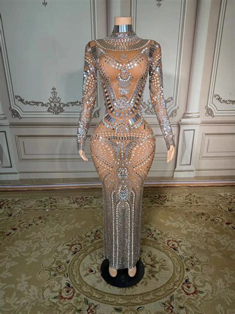 Shining Silver Mirrors Nude Mesh Transparent Evening Long Sleeves See Through Dress Evening ...