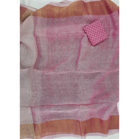 Premium Handwoven Linen pink with golden zari border saree | Vinshika ...