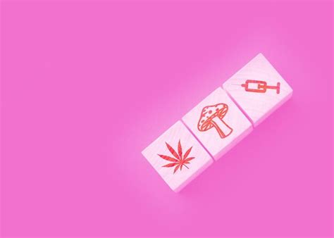 Drugs icons on natural wooden cubes cannabis leaf mushroom and syringe ...
