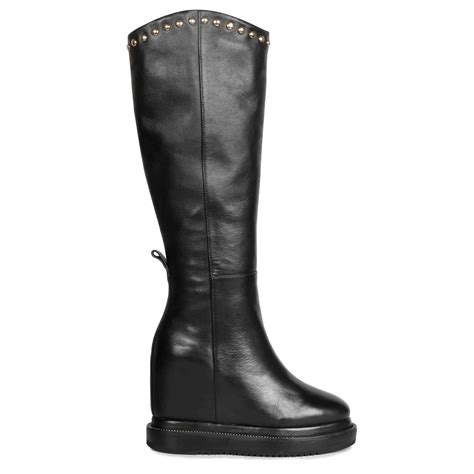 SAINT ADELMO Studded Black Leather Winter Boots | Stylish Suede Wedge ...