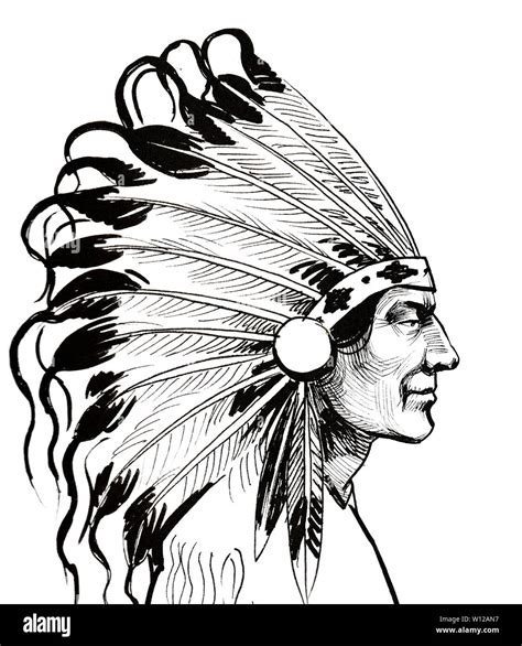Native American chief. Ink black and white drawing Stock Photo - Alamy