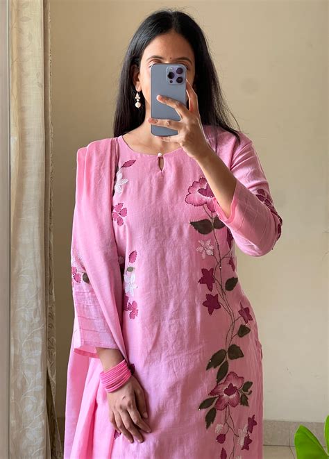 A0559 pink mul chanderi hand painted 3 piece straight cut dress ...