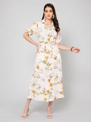 Buy Cantabil Women Yellow Rayon Printed Collar Neck Dress (S) Online