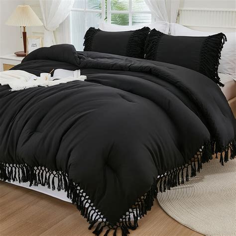 Andency Black Comforter Set King, 3 Pieces Boho Tassel Lightweight Soft ...