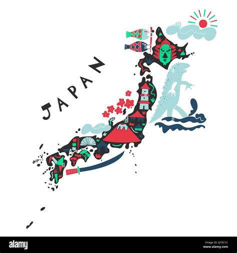 Vector hand drawn stylized map of Japan landmarks. East map element. Japanese Travel ...