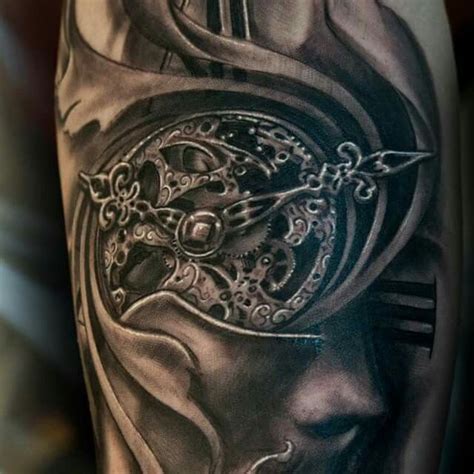 Face and clock tattoo