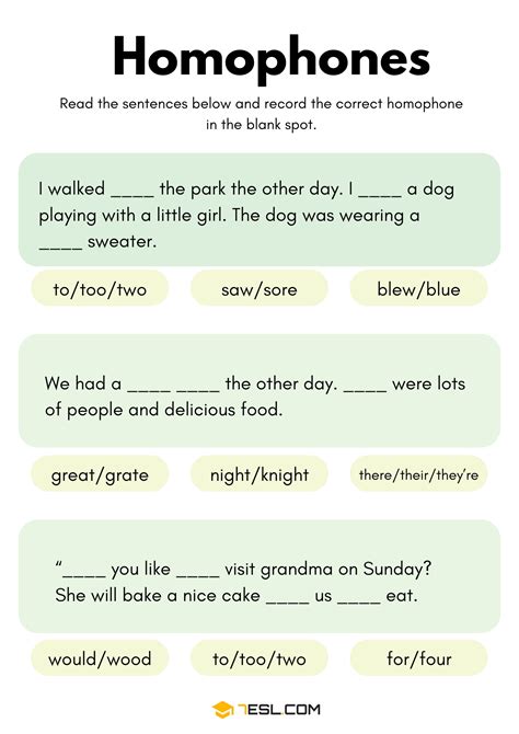 Free Printable Homophones Worksheets: Fun Activities for Kids (PDF) • 7ESL
