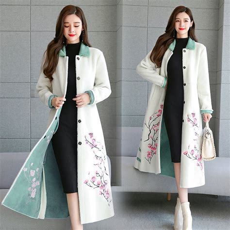 Floral Embroidery Wool Trench Coat , Designer Woman White Long Coat ...