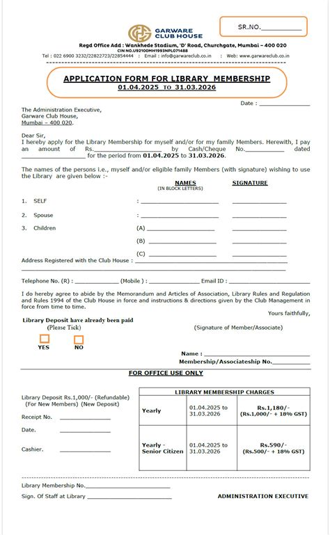 Application Forms for Library Yearly Membership 2025 - Garware Club House