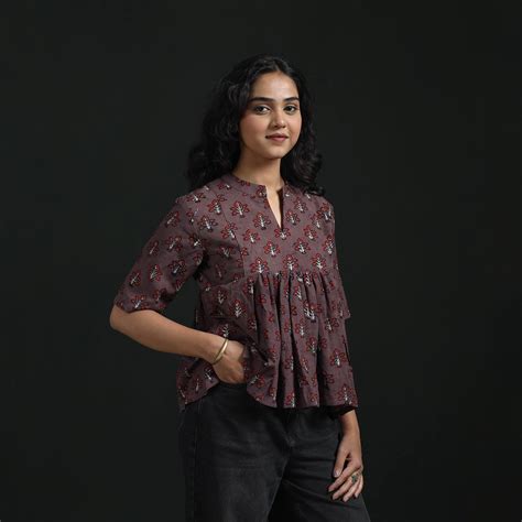 Brown Hand Block Print Cotton Natural Dyed Ajrakh Crop Top