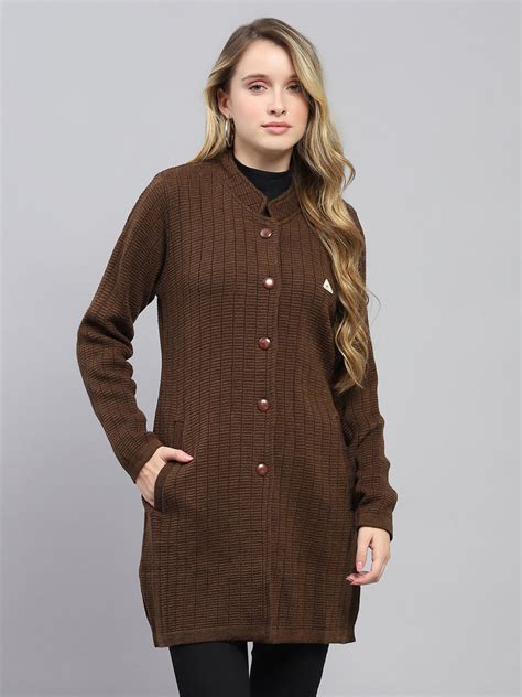 Buy Women Brown Self Design Round Neck Full Sleeve Knitted Coat Online ...