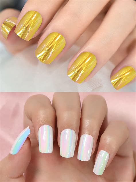 Set of 24 Gold and White Metallic Duochrome stick on nails – PRIVIU