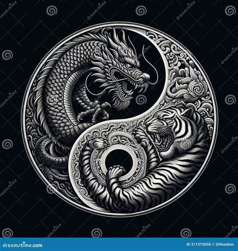A Traditional Dragon and Tiger in Yin Yang Symbol, Dark Background ...
