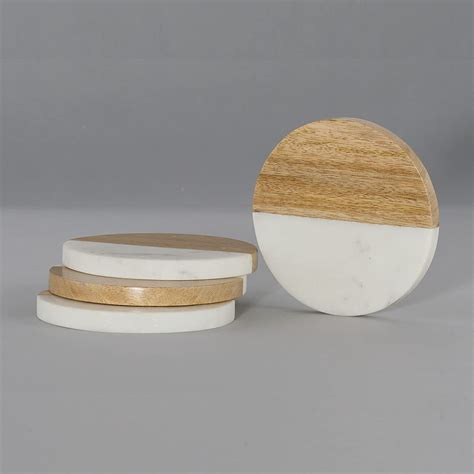 Natural White Marble And Wood Round Coaster Set – Le Home Decor Studio