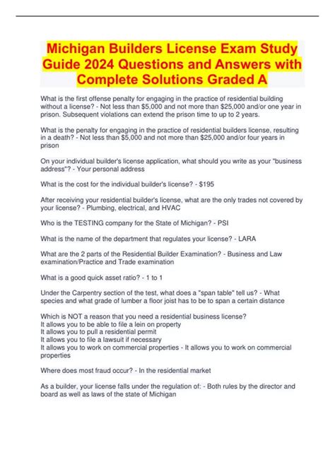 Michigan Builders License Exam Study Guide 2024 Questions and Answers ...
